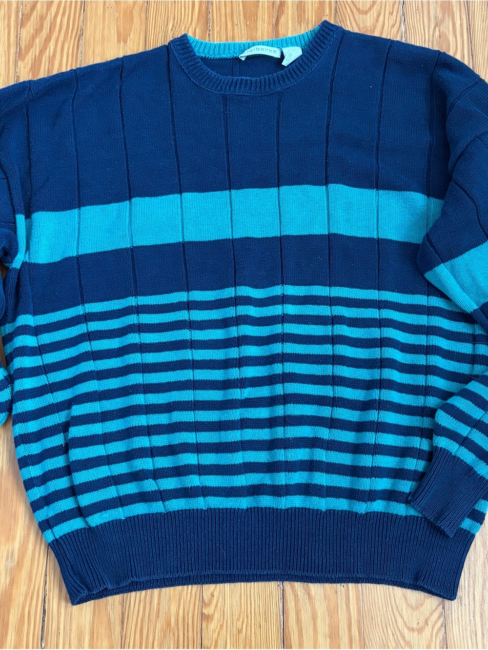 Claiborne Navy and Teal Striped Crewneck Sweater